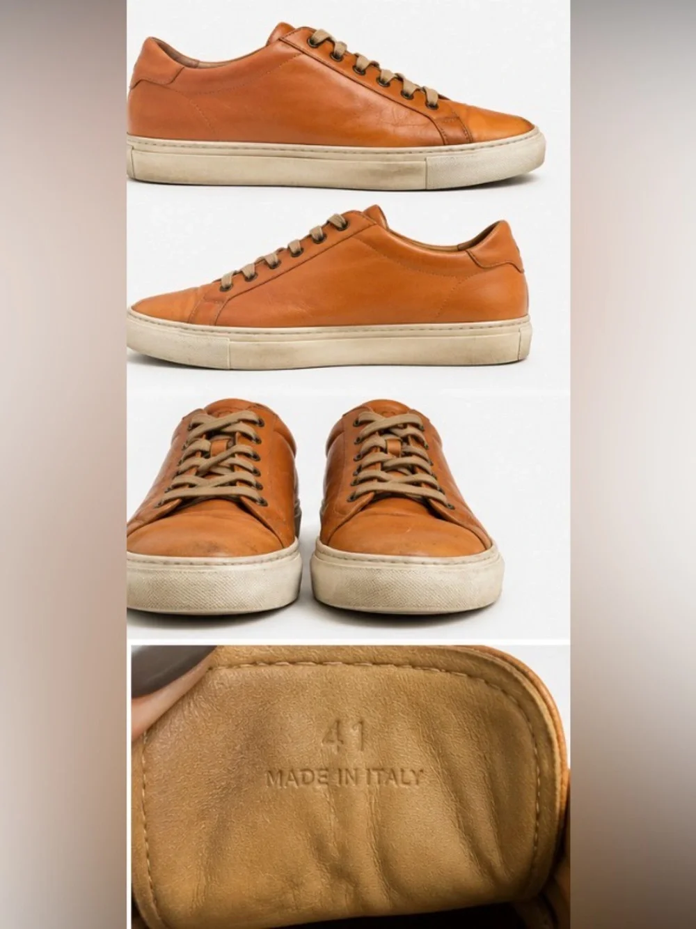 Collegium Mens Leather Low Top Sneakers Cognac Brown EU 41/US8 Luxury Minimalist